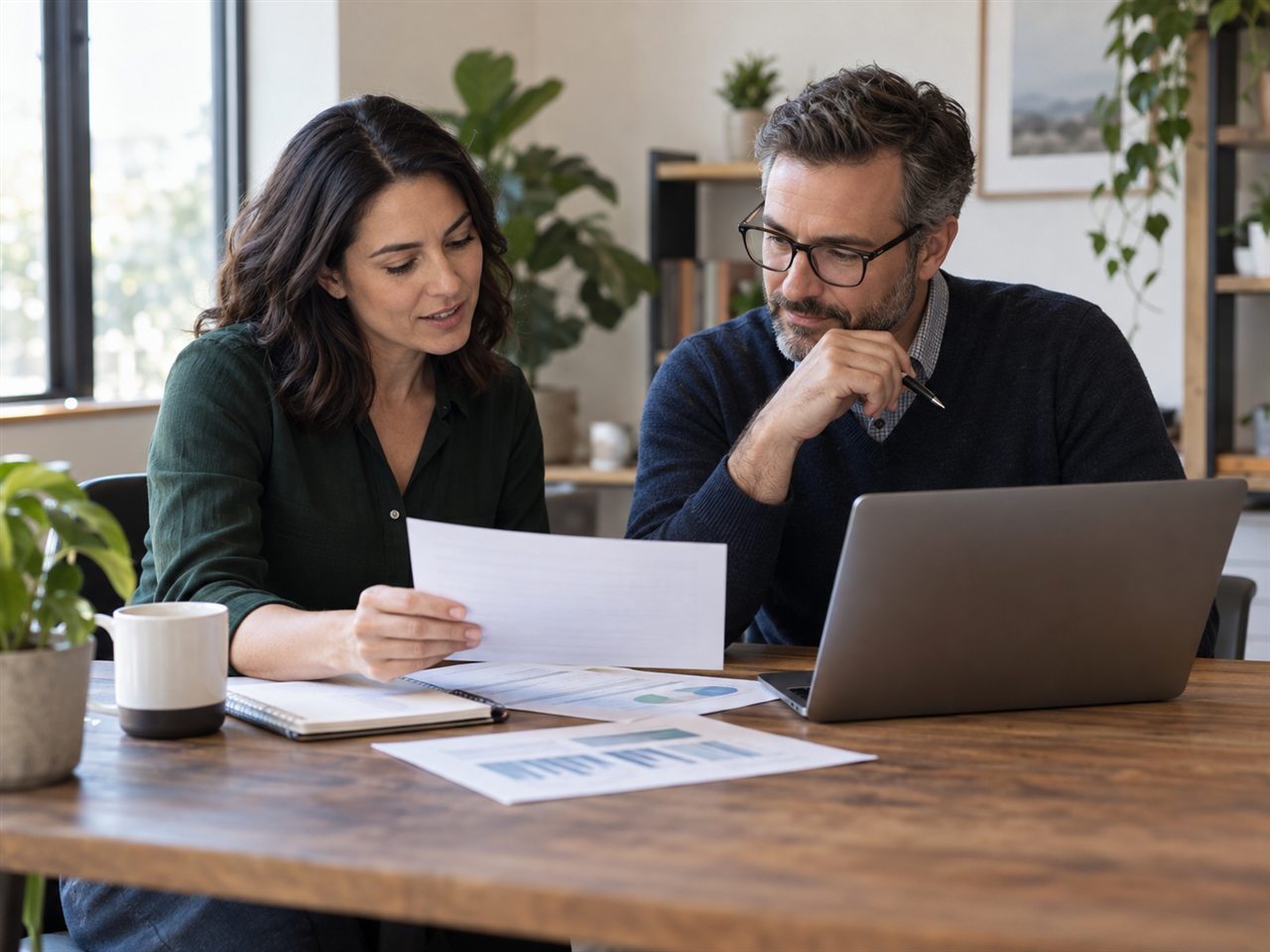 Two professionals reviewing financial documents and a laptop together